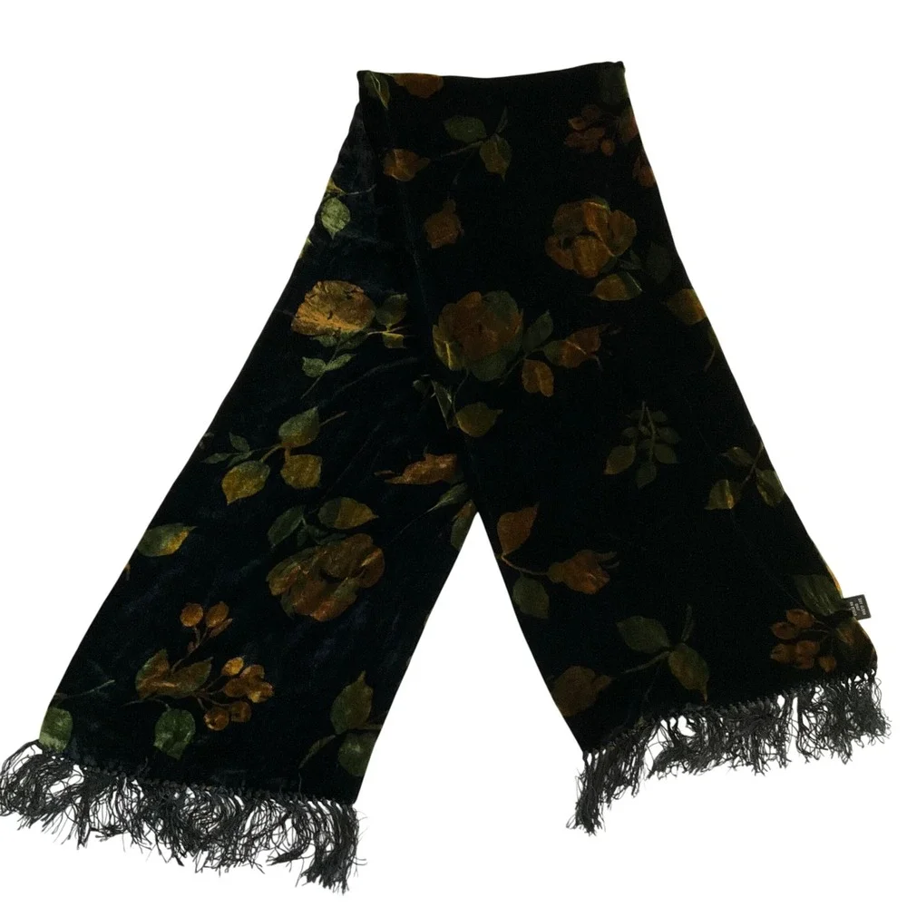 Unbranded Velvet Scarf Women OS Black Floral Silk Blend Fringed Burnout Wrap